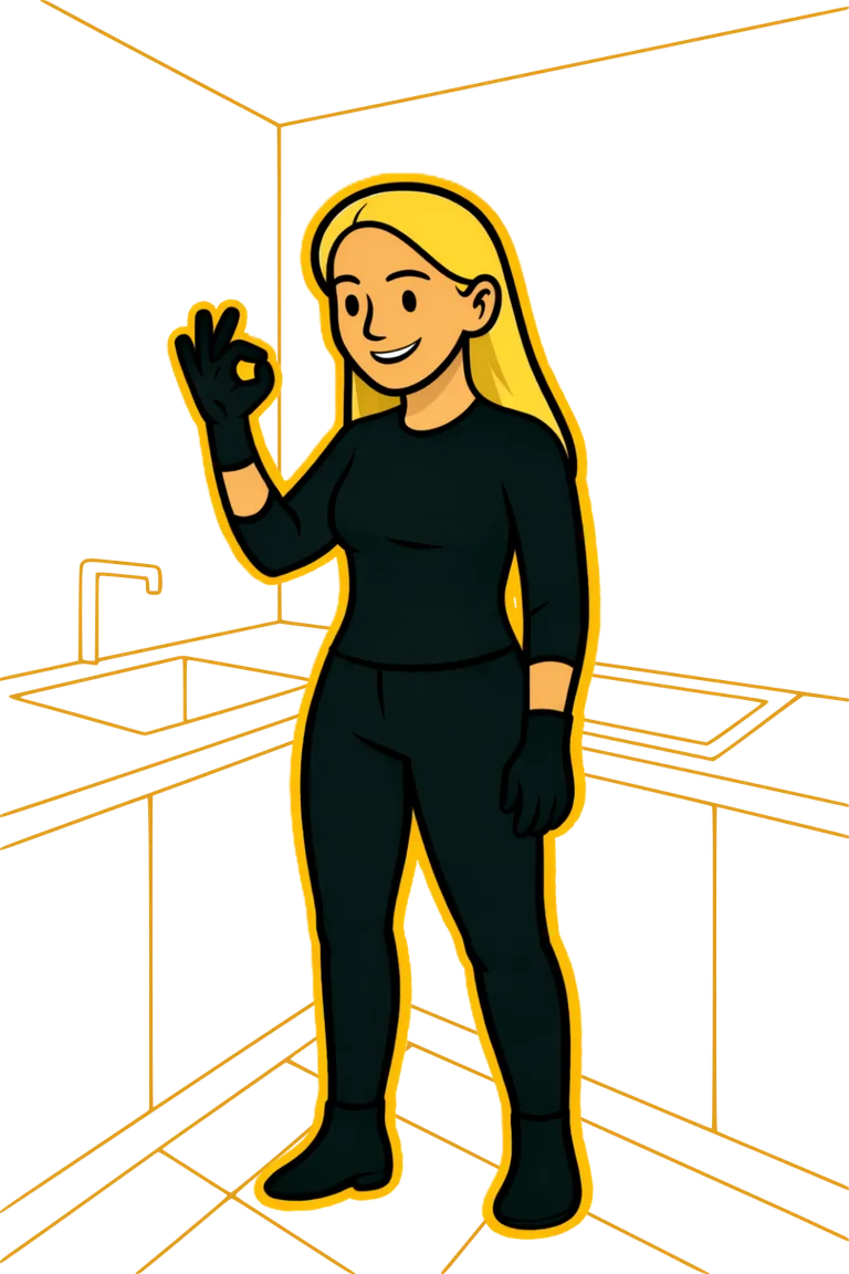 Fugemontør fra Gummifugen afslutter fugning af køkkenbord efter kontrol af finish på fugearbejdet