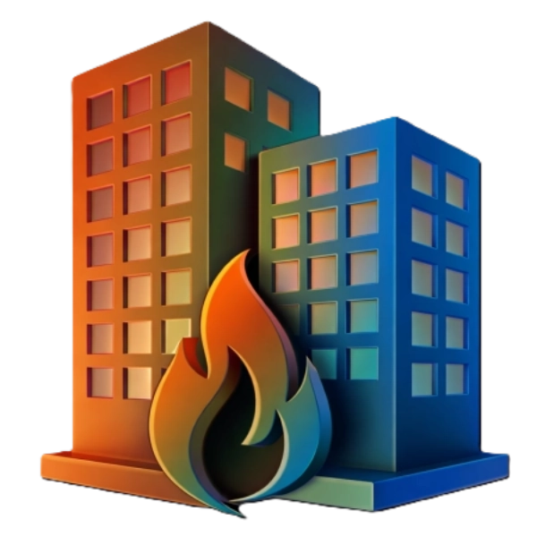 3D ikon der illustrerer professionel brandfugning i erhvervsbyggeri