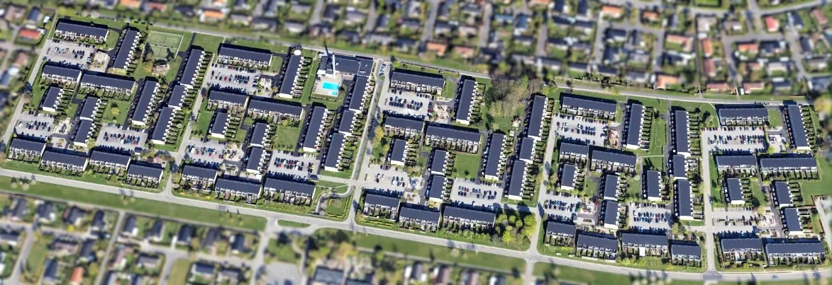 Skråfoto af Rønneholtparken i Allerød hvor Gummifugen har udført løbende fugearbejde siden 2019