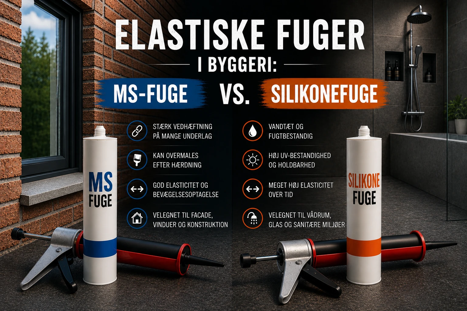 Illustration af forskellen mellem MS-fuge og silikonefuge i moderne byggeri