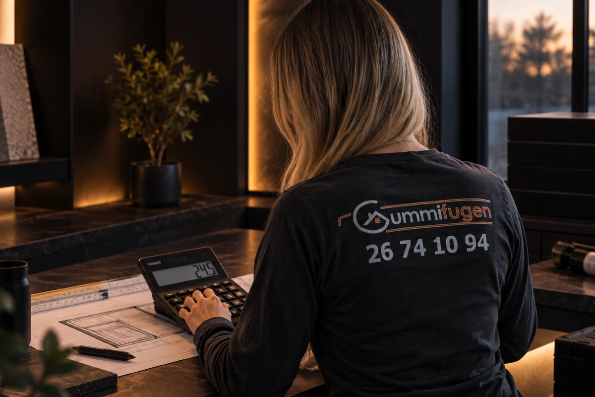 Amanda fra Gummifugen beregner forbrug af fugemasse ved et arbejdsbord med tegning og lommeregner